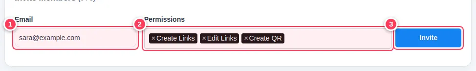 The invite form with three permissions chosen