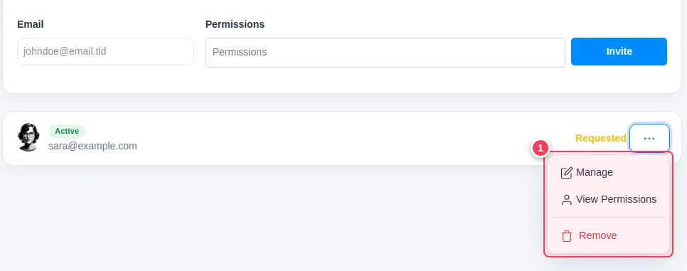 The members list with the actions menu open