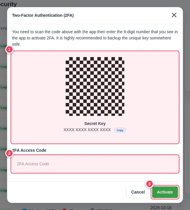The 2FA window with QR code, secret key and access code field (example values)