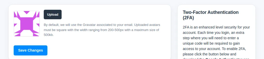 The avatar upload area with the Upload and Save Changes buttons