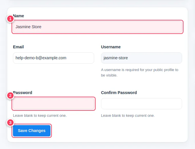 The profile form with name, password and Save Changes highlighted