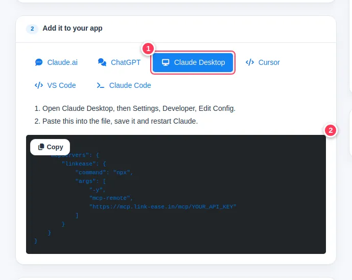 The Claude Desktop tab of the AI Assistant page showing the snippet