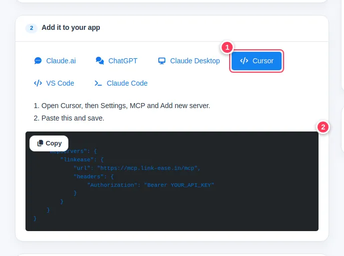 The Cursor tab of the AI Assistant page showing the snippet