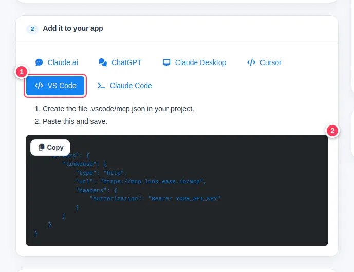 The VS Code tab of the AI Assistant page showing the snippet