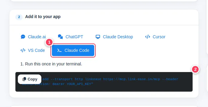 The Claude Code tab of the AI Assistant page showing the snippet