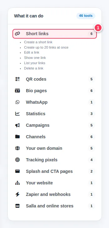 The What it can do list with 46 tools in groups