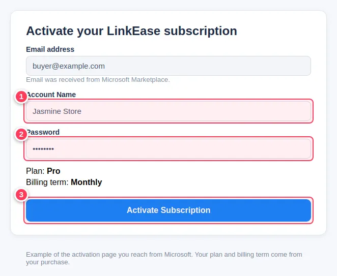 Example of the activation page with account name, password and the Activate button (illustration)