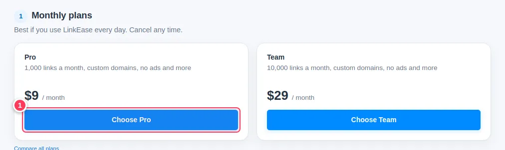 The top of the Extras page with the monthly plans