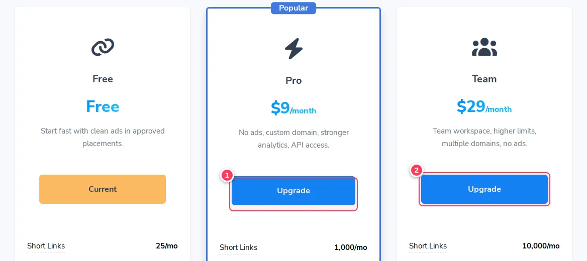 The Upgrade buttons under Pro and Team