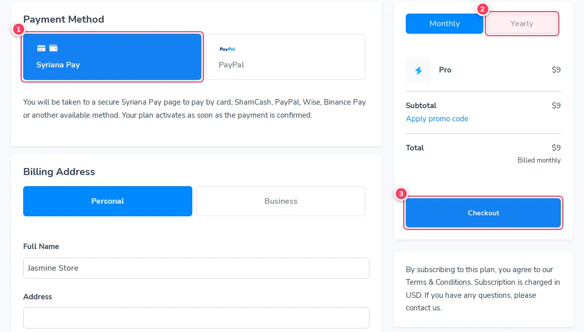 The checkout page with payment method, period and Checkout button