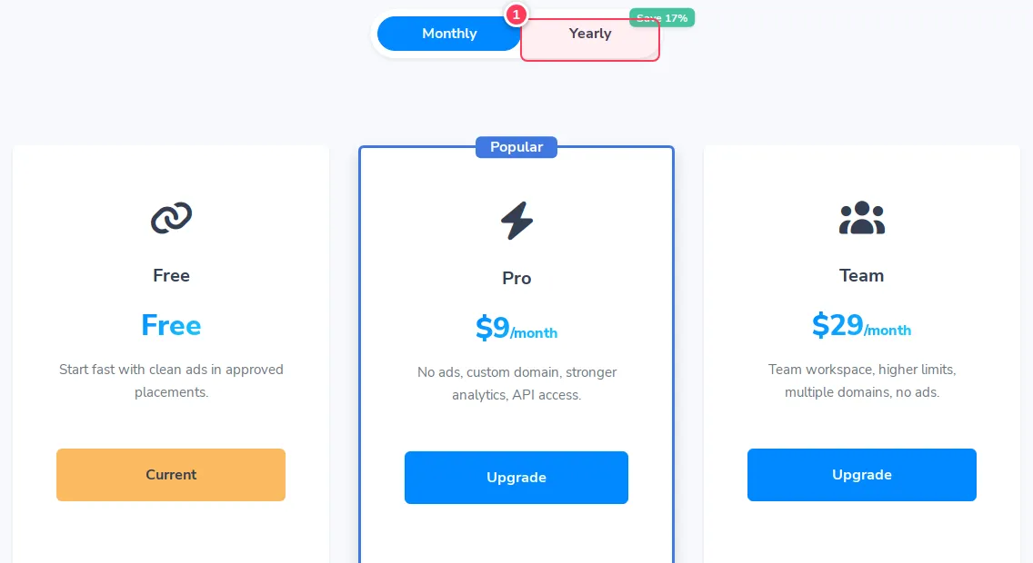 The pricing page with the Monthly and Yearly switch highlighted