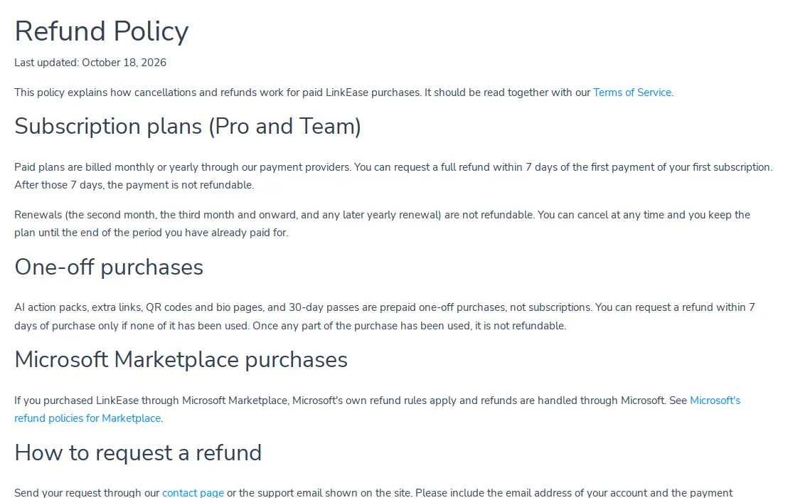 The Refund Policy page