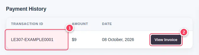 Payment History with the transaction ID and the View Invoice button