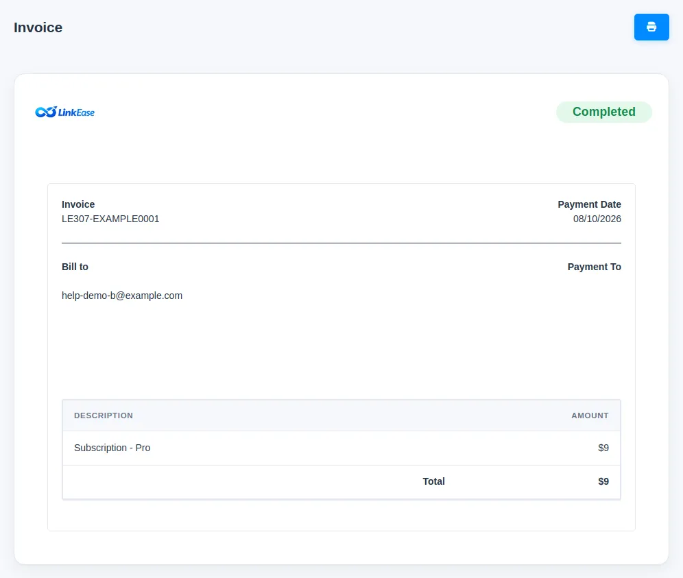 An example invoice marked Completed