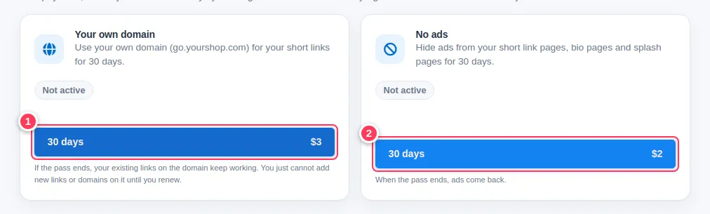 The two pass cards: Your own domain and No ads