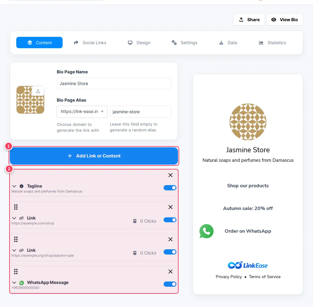 The Content tab with the add button and the list of blocks