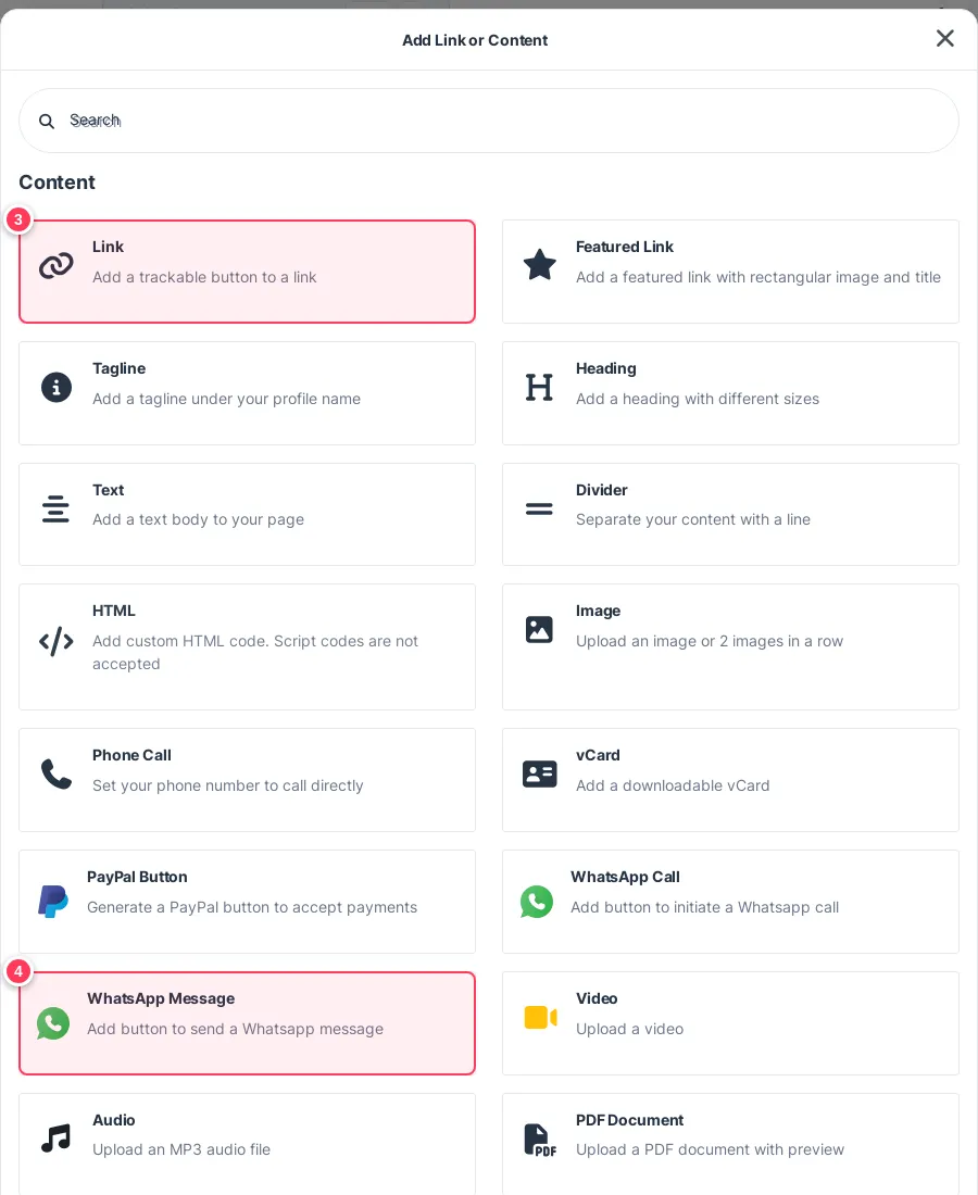 The block picker with Link and WhatsApp Message highlighted