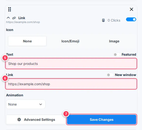 A Link block with text, address and Save Changes