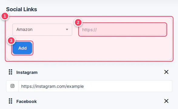 The Social Links tab with the network, address and Add button