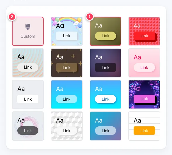 The Design tab with a grid of ready themes and the Custom option