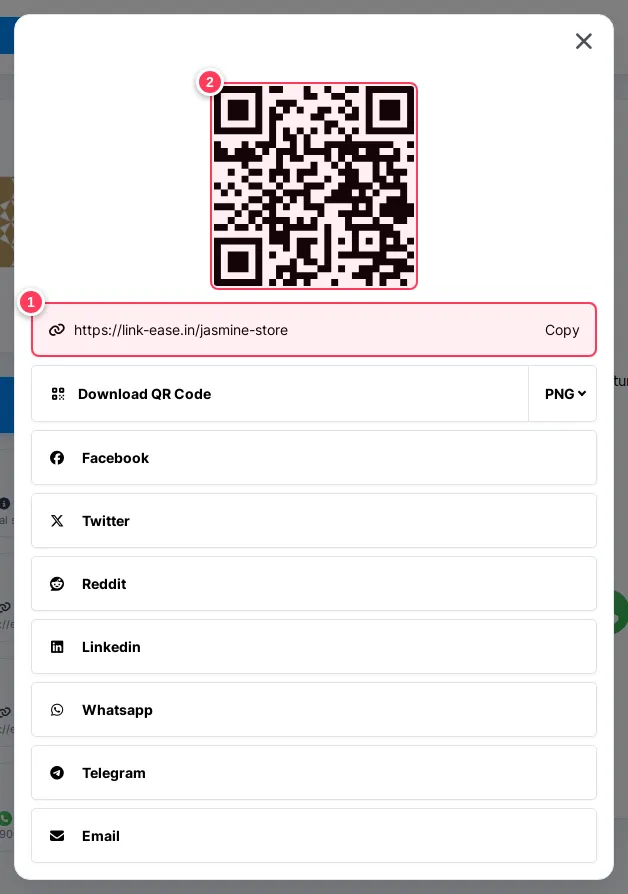 The Share window with the page address, QR code and share buttons