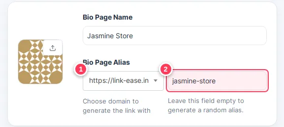 The domain selector and alias field of a bio page