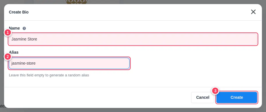 The Create Bio window with name and alias