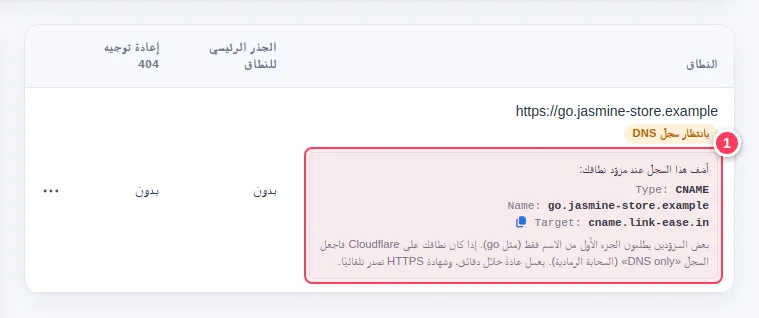 صندوق «بانتظار سجلّ DNS» يعرض النوع CNAME والاسم والوجهة cname.link-ease.in