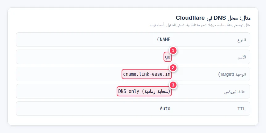 مثال سجل DNS عند Cloudflare: النوع CNAME والاسم go والوجهة cname.link-ease.in