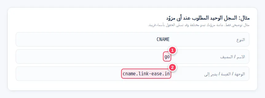 مثال سجل DNS عند أي مزوّد آخر: النوع CNAME والاسم go والوجهة cname.link-ease.in