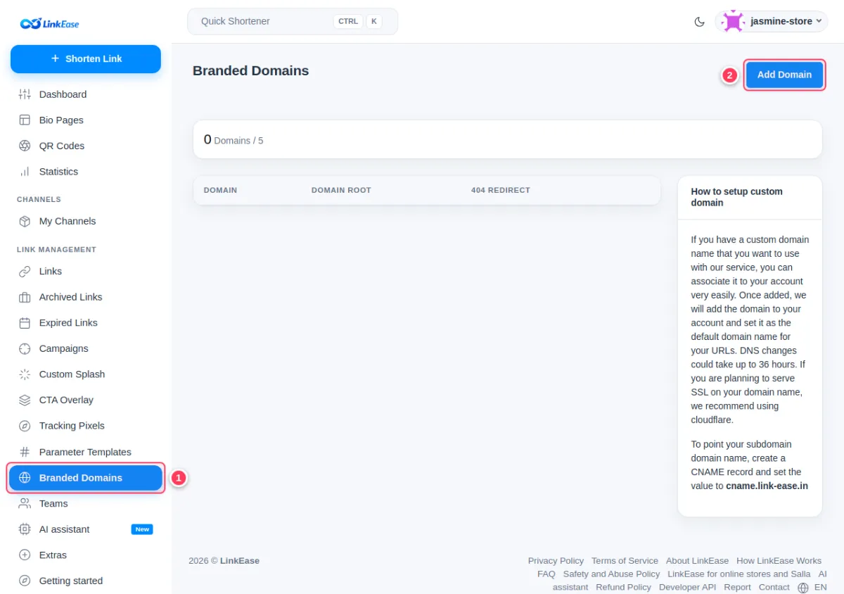 Branded Domains in the menu and the Add Domain button highlighted