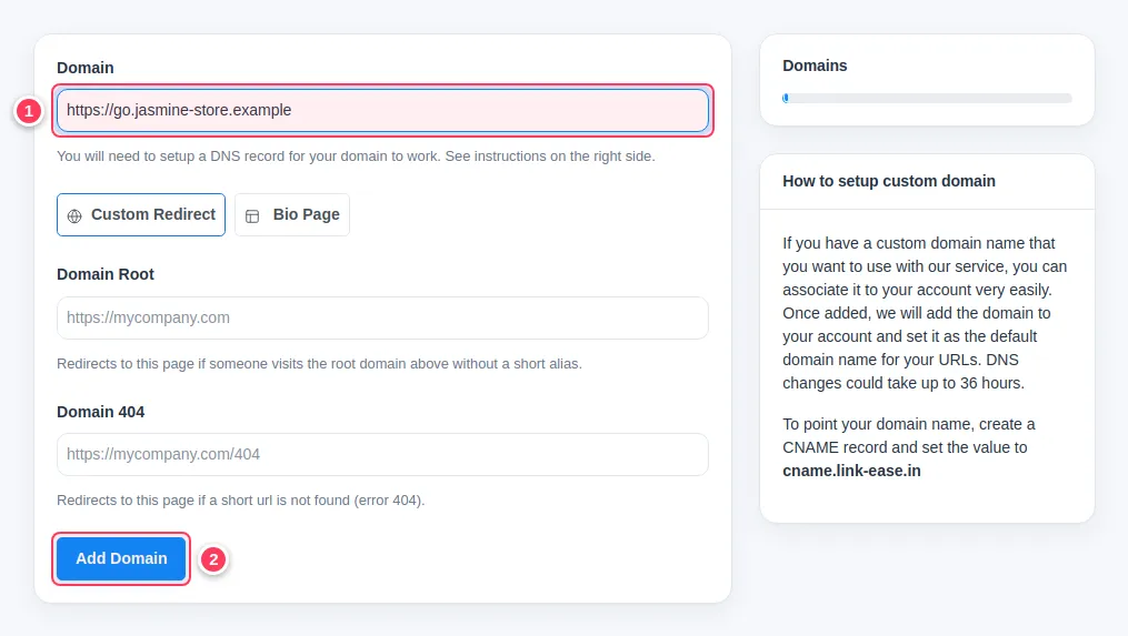 The New Domain form with the domain typed and the Add Domain button