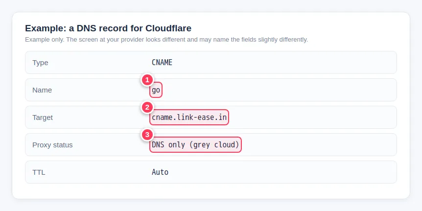 Example DNS record for Cloudflare: Type CNAME, Name go, target cname.link-ease.in