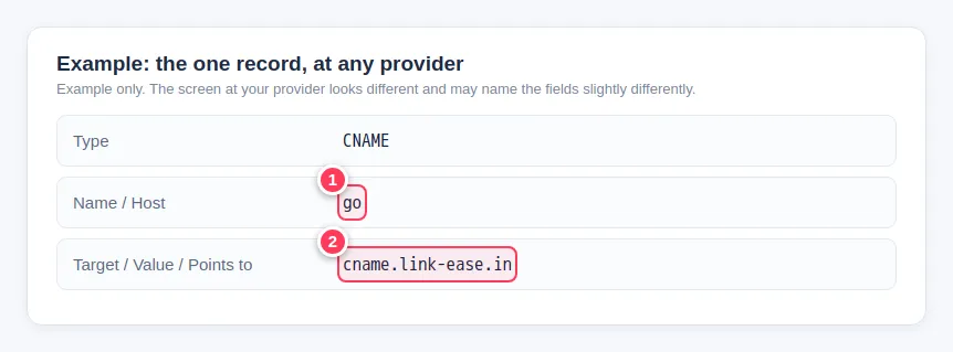 Example DNS record for Any other provider: Type CNAME, Name go, target cname.link-ease.in