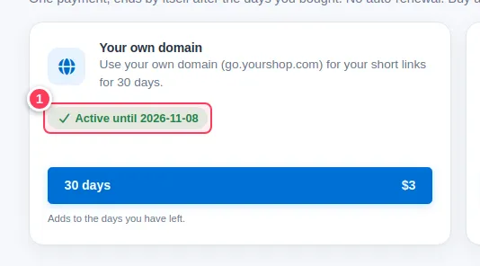 The domain pass card showing Active until a date