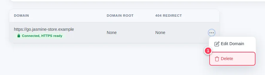 The domain menu with Delete highlighted