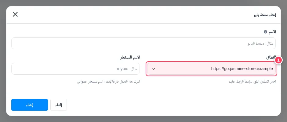 نافذة إنشاء صفحة البايو مع قائمة النطاق