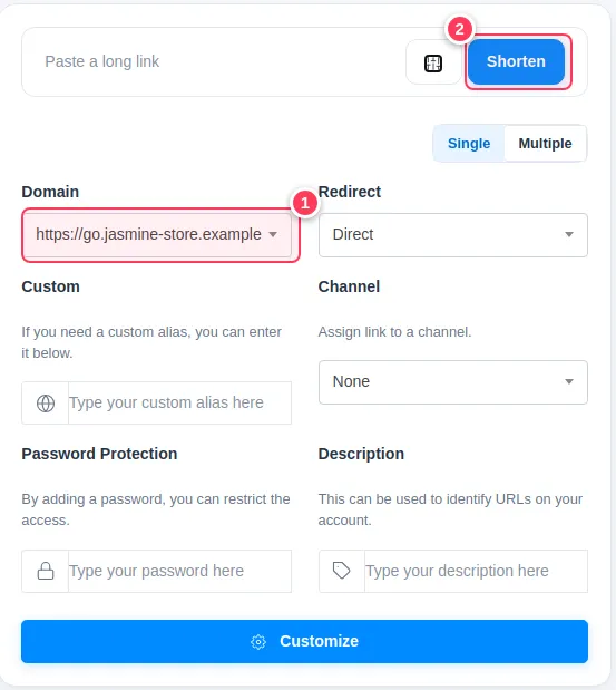 Advanced options with the Domain list and the Shorten button
