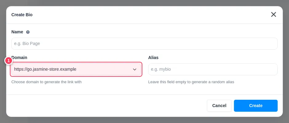 The Create Bio window with the Domain list