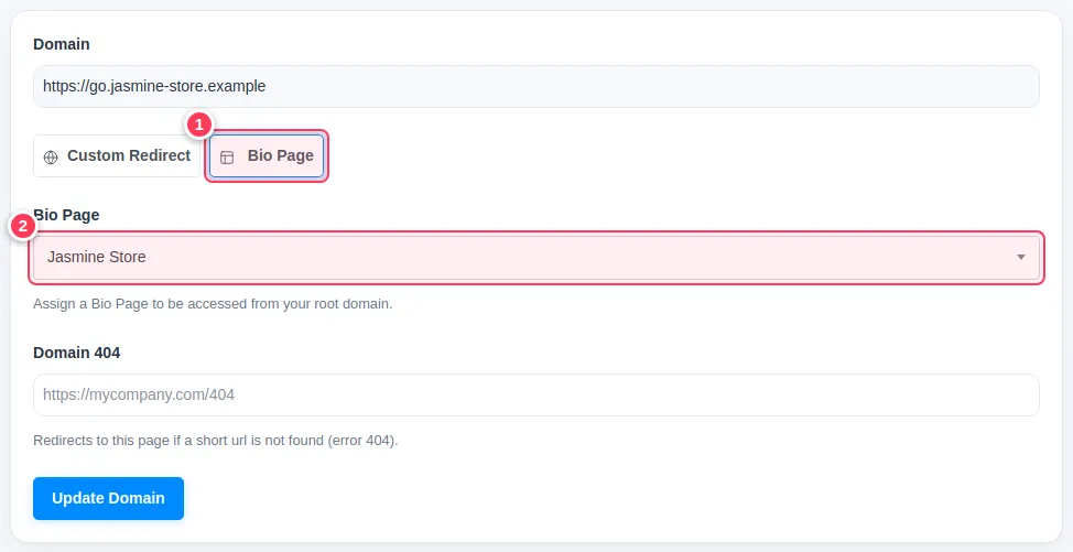 Edit Domain with the Bio Page option and the page list