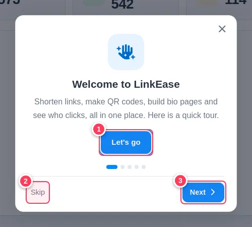 First slide of the welcome tour with Let's go, Skip and Next buttons