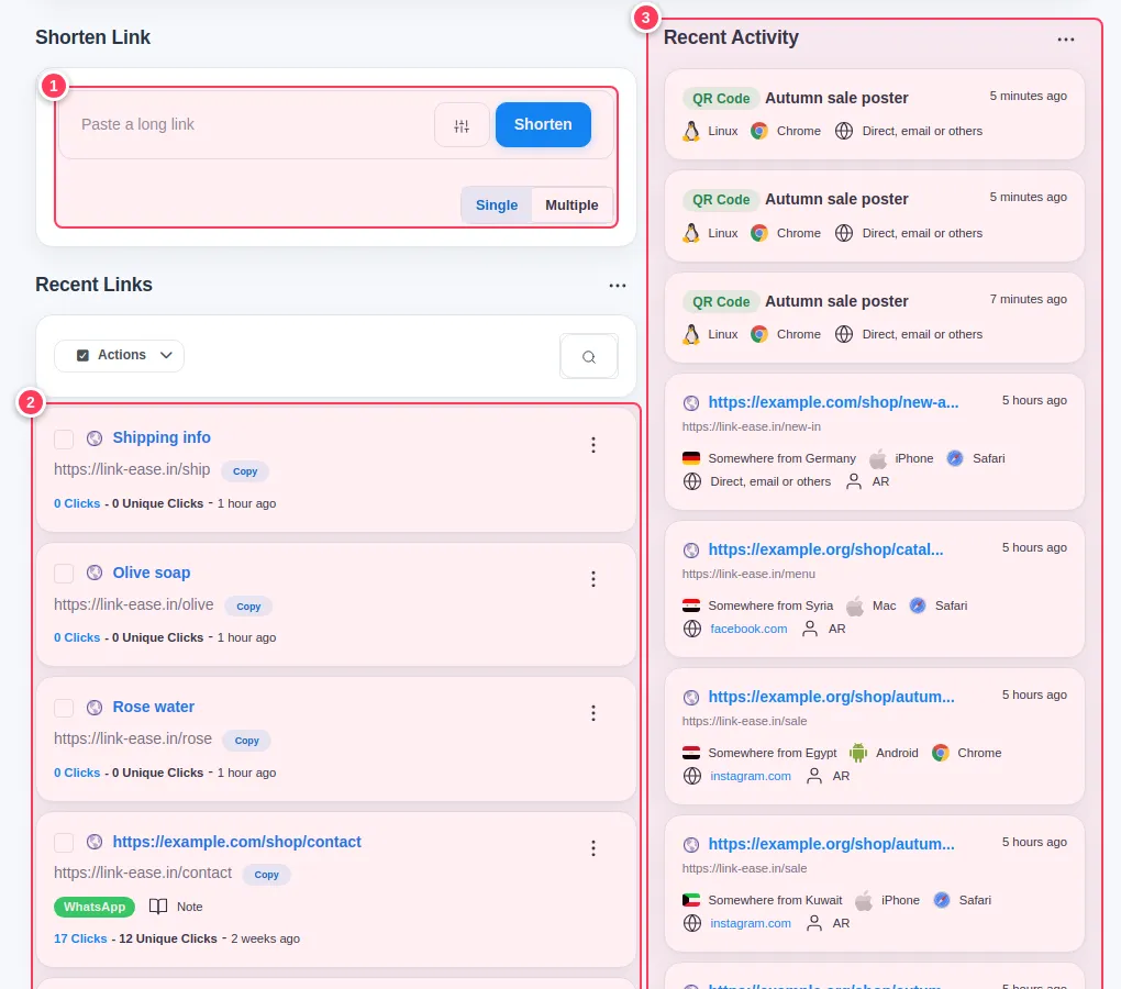 Shorten box, recent links and recent activity on the dashboard