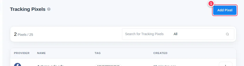 The Tracking Pixels page with the Add Pixel button