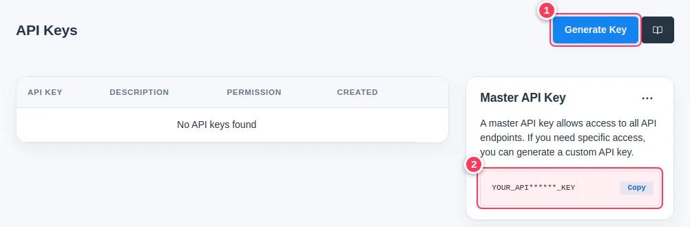 The API Keys page with Generate Key and the Master API Key