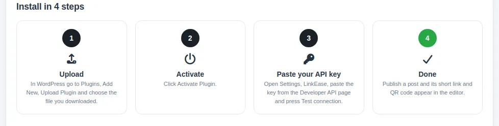 The four install steps shown on the LinkEase WordPress page