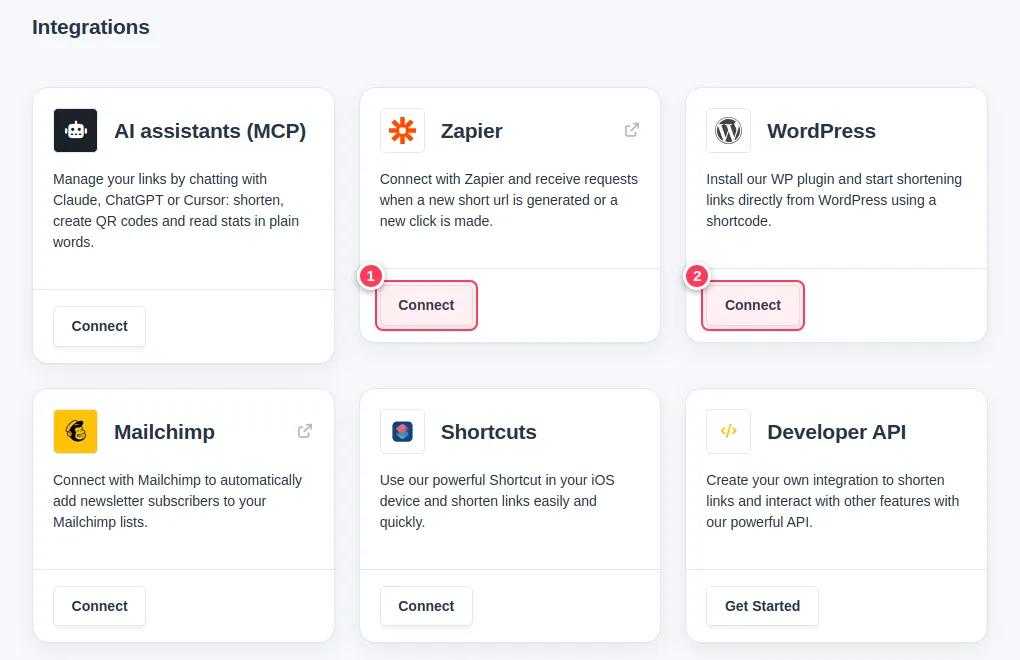 The Integrations page with the Zapier and WordPress Connect buttons