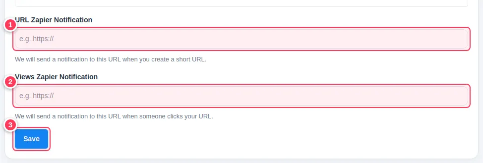 The two Zapier notification fields and the Save button