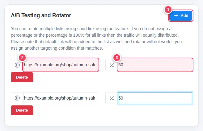 The A/B Testing and Rotator box with two pages at 50 percent each