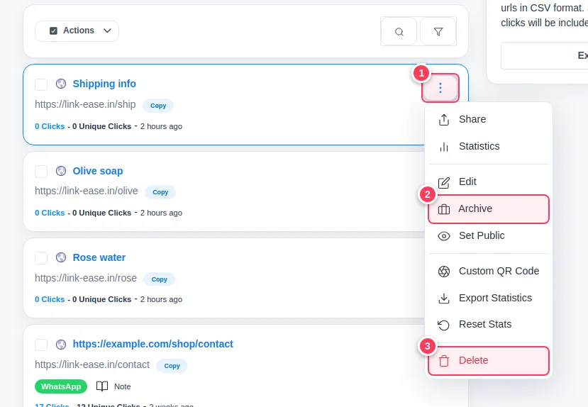 The link menu with Archive and Delete items