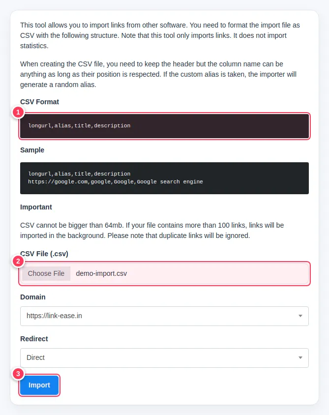 The import page with the CSV format, file picker and Import button